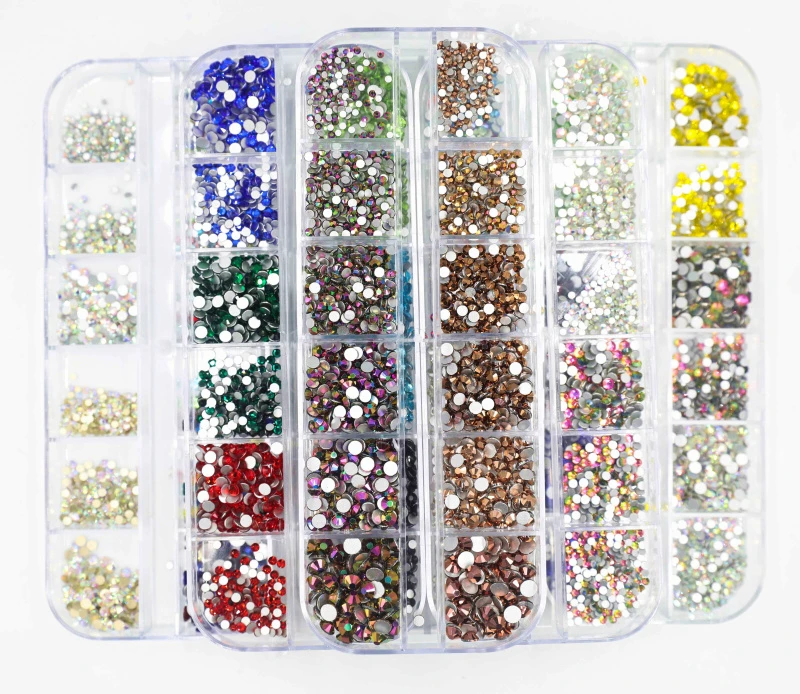 12 ızgara 1440 adet Mix boyutları cam kristal olmayan sıcak düzeltme yapay elmas Flatback kristal 3D glitter Nail Art Rhinestones süslemeleri