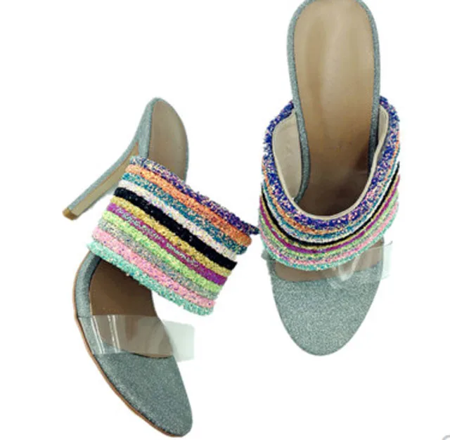 Newest Multicolor Woolen Thick Strap PVC Peep Toe Sandals Summer Denim Thin High Heels Cutout Slipper Shoes Party High Heels