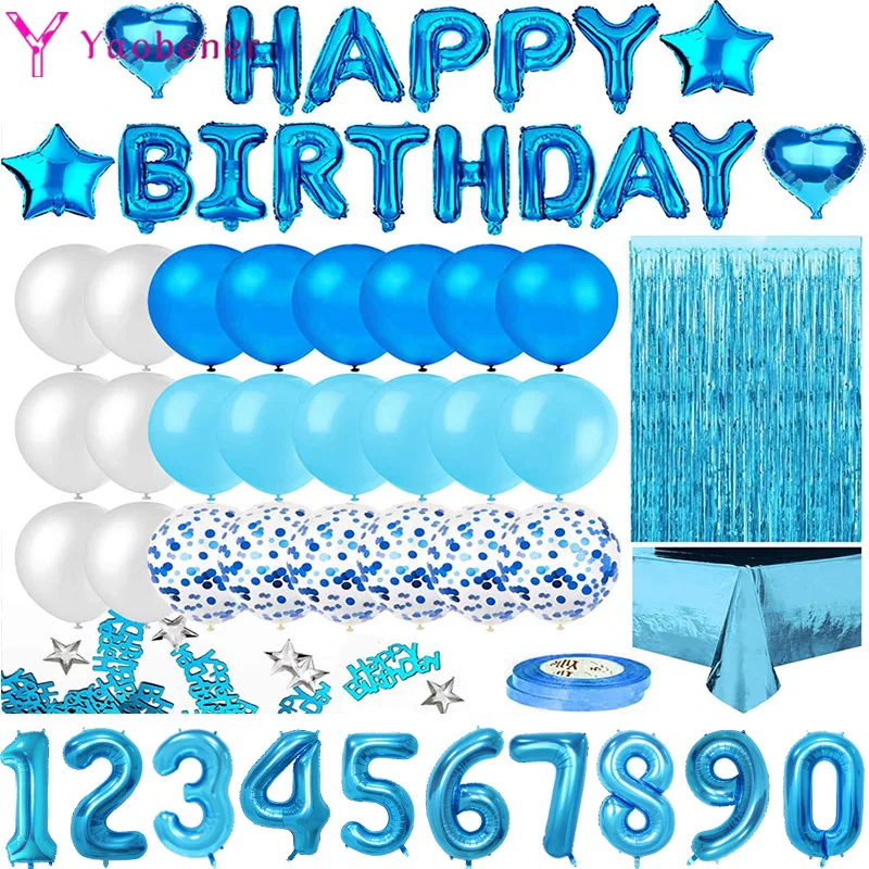 Blue Happy Birthday Balloons Number Foil Ballon Adult Kids Party Decorations Boy 1st 2 3 4 5 6 7 8 9 10 15 30 40 50 60 Years Old