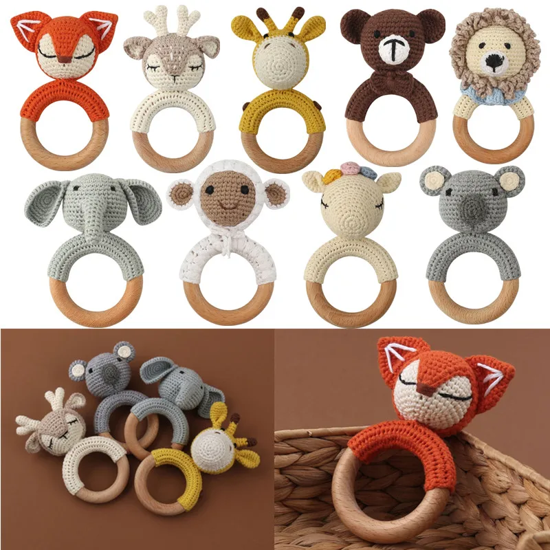 BPA Free Wooden Baby Teether Handmade Crochet Deer Rattle Toys Rodent Soother Teething Ring Toys Newborn Mobile Pram Crib Toy