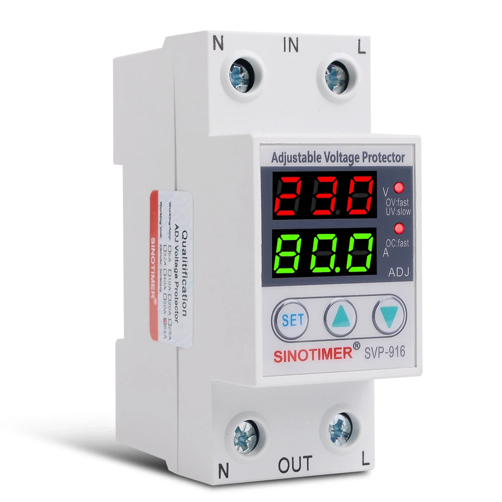 Heavy Duty 110V 230V AC Home Usage Dual Display Adjustable Over Under Voltage Surge Protector Relay with Over Current Protection