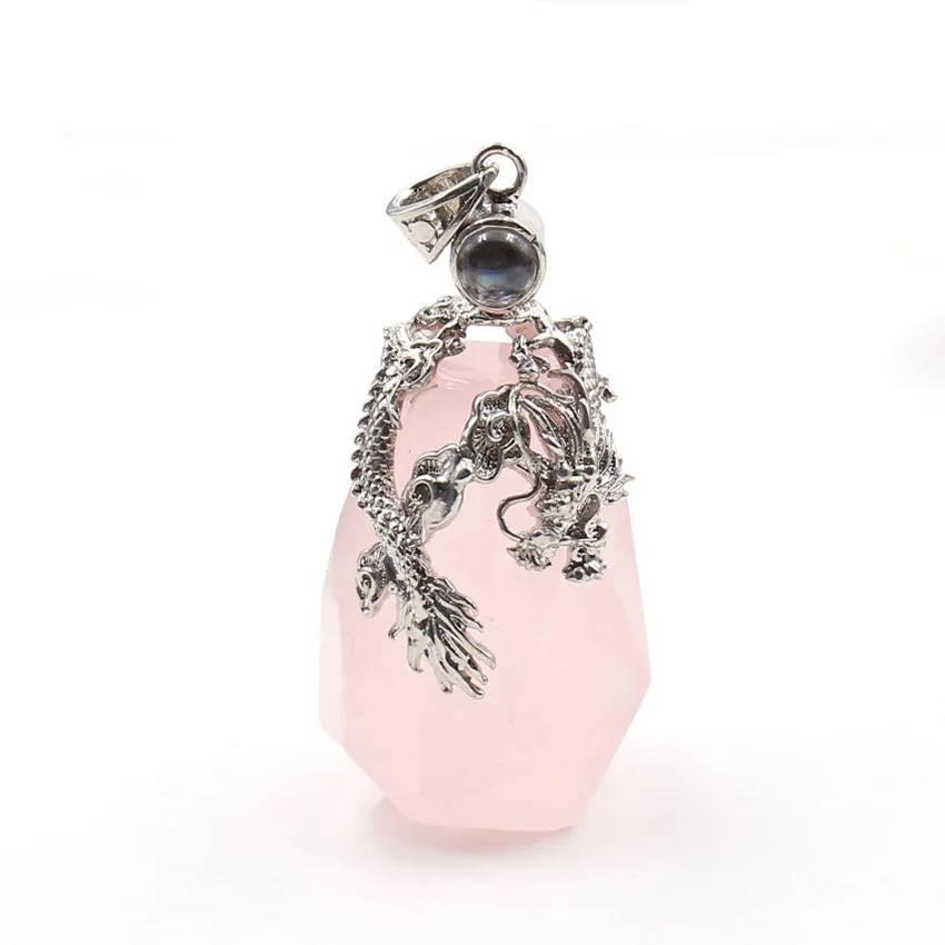 Silver Plated Chinese Style Dragon Wrap Irregular Shape Natural Rose Pink Quartz Pendant Lemon Crystal Jewelry