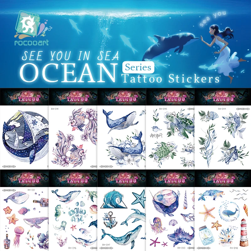 Rocooart Sea Turtle Whale Jellyfish Temporary Tattoos Sticker Ocean Wave Custom Tattoo Body Art Arm Blue Shark Fake Tatoo