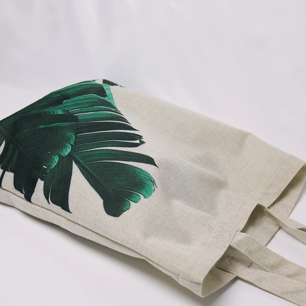 High Quality Linen Shopping Bag Reusable Casual Totes For Vegan Green Leaf Printed Bag Hot Selling