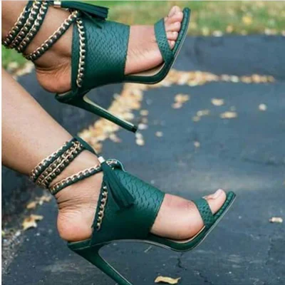 

Big Size 47 Summer Fashion lace Up Woman Green Sandals Metal Chains Decor Sexy Pumps Tassel Thin High Heels Female Dress Shoes