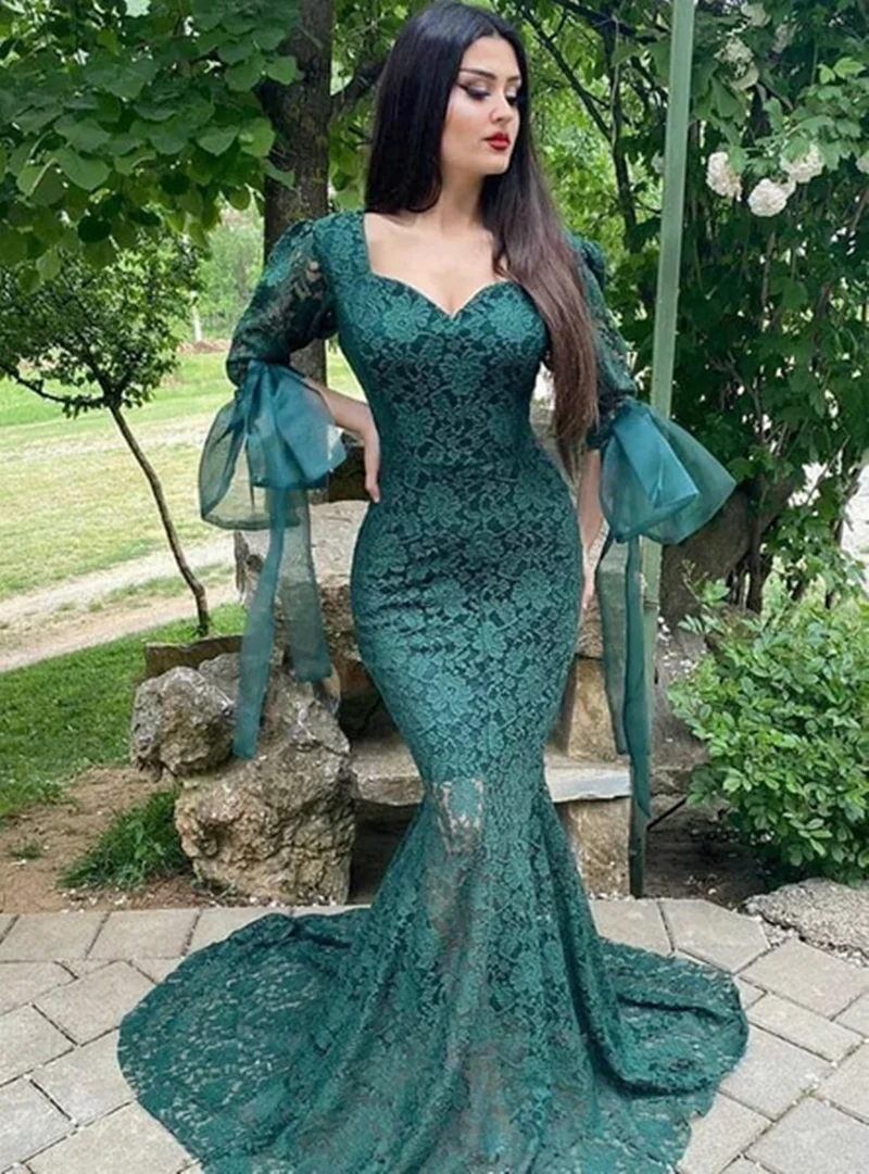 Vestido de fiesta de sirena con encajes, elegante, escote en forma de corazón, mangas largas, vestido de noche Simple