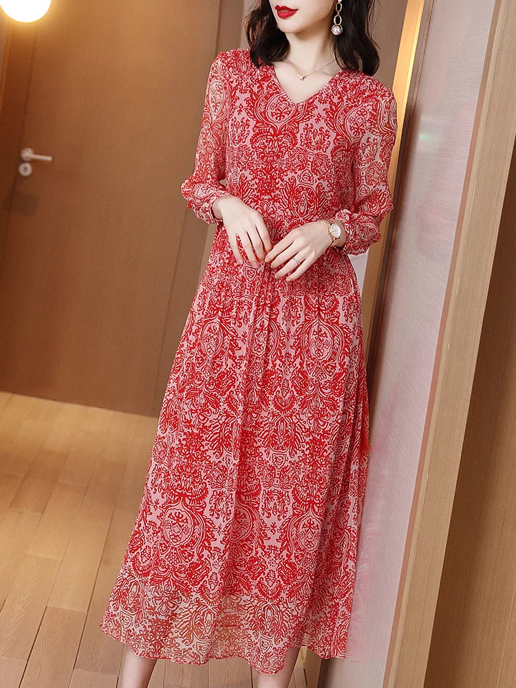 

Real 2020 Silk 100% Women Spring Summer Beach Long Dress Elegant V Neck High Quality Vestidos A20C7119AGF KJ5477