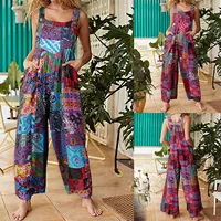 Women Ethnic Style  Jumpsuits Summer Overalls Multicolor  Square Neck Sleeveless Casual Rompers with Pockets for Girls Playsuit