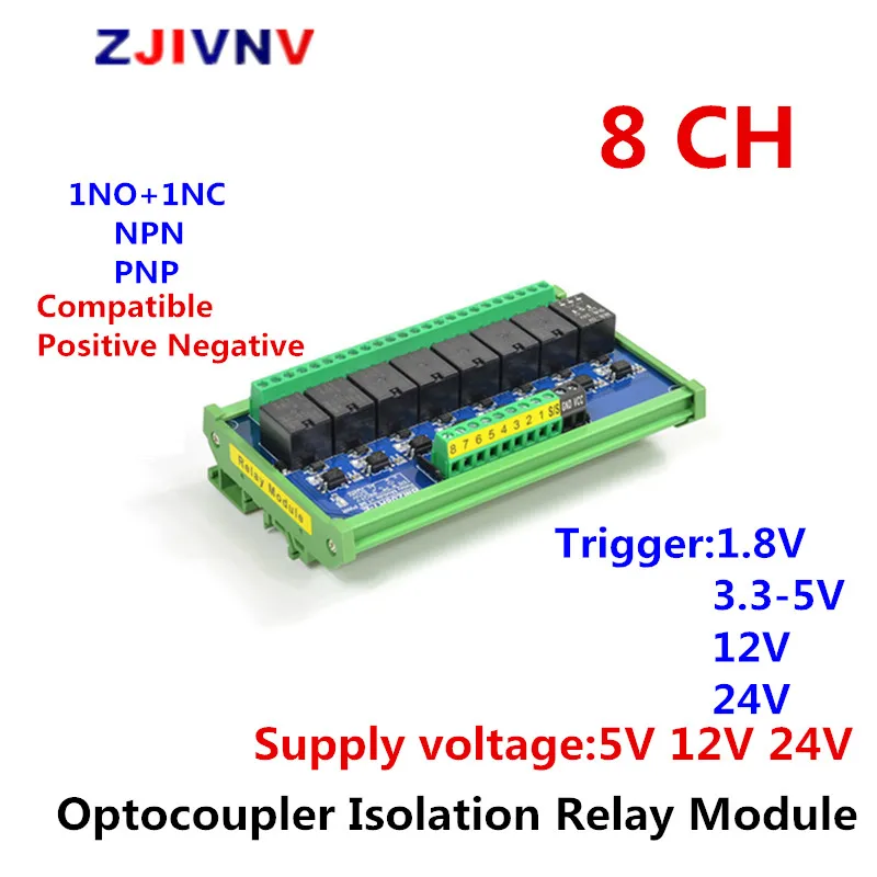 

8 Channels 1NO+1NC Thickened Optocoupler Isolation Relay Module Trigger 1.8V/3.3-5V/12V/24V for PLC Signal Amplification Board