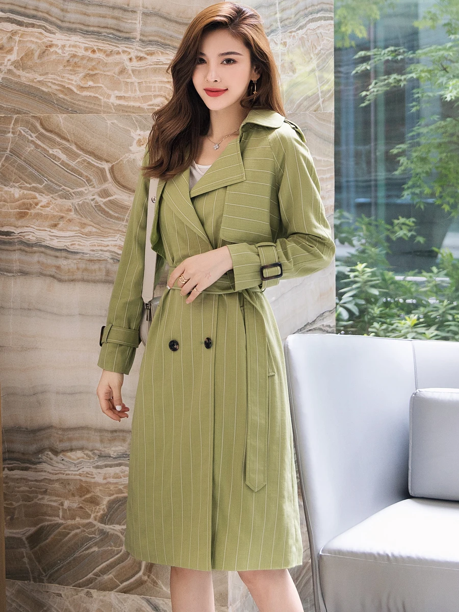 Matcha Green Over-the-knee Long Trench Coat Women 2023 Autumn Winter New European Striped Dress Lady Jackets Thin Overcoat S-4XL