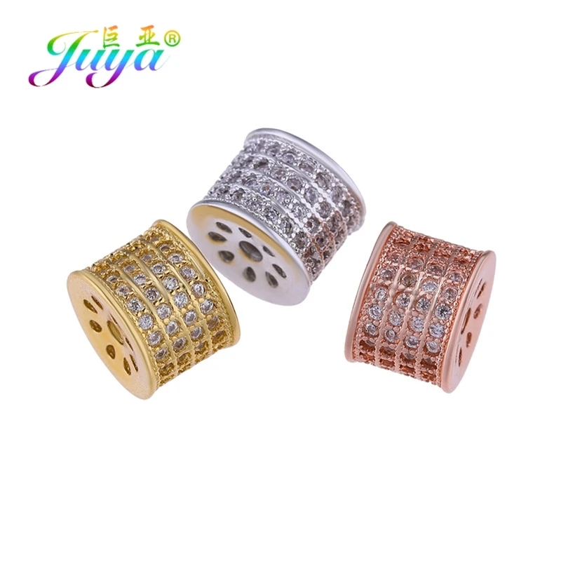 Juya DIY Small Hole Charm Beads Supplies Micro Pave Zircon 10mm 12mm Metal Beads For Women Natural Stone Beadwork Jewelry Making