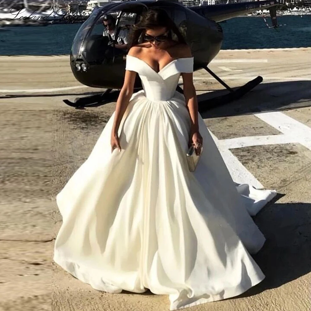 Lceland Poppy Elegant A-line Satin Wedding Dresses Off the Shoulder Floor Length Sleeveless Bridal Gowns with Chapel Train