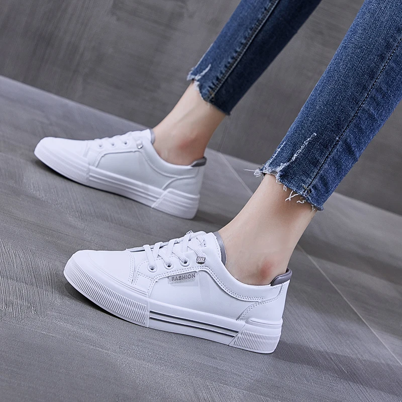 Women Tennis Shoes 2022 Spring Breathable White Leather Lace Up Female Footwear Outdoor Women Sneakers Thick Bottom Platform