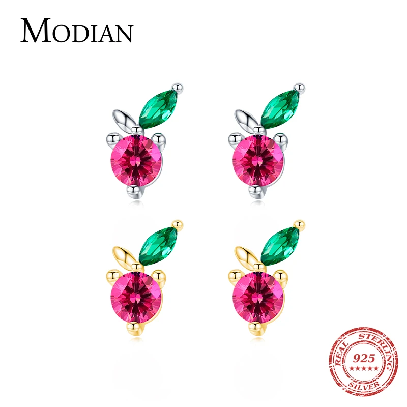 Modian Cute Cherry Earrings 925 Sterling Silver Simple Little Fruit Dazzling Crystal Stud Earrings for Women Girls Fine Jewelry