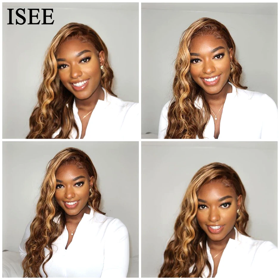 ISEE HAIR Brazilian Body Wave Highlight Human Hair Wigs 4X4 Lace Closure Wigs Ombre Colored Lace Front Wigs 4/27 Body Wave Wigs