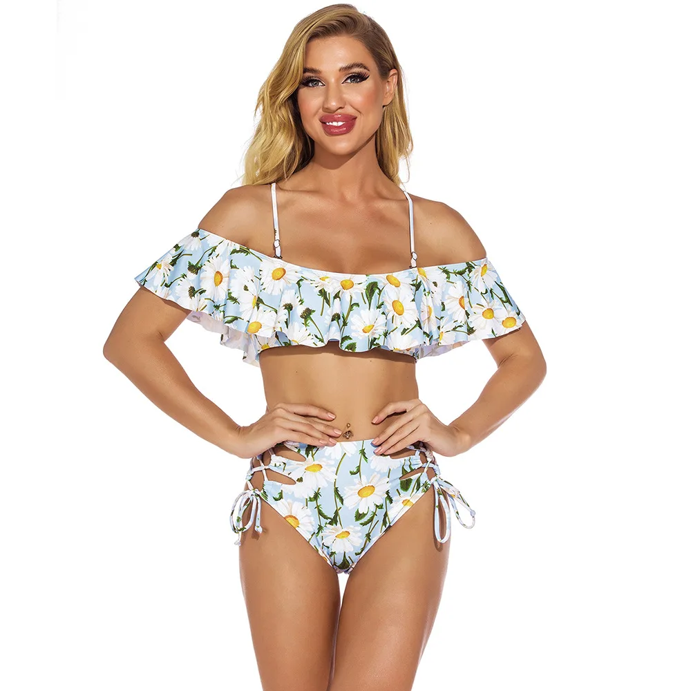 

2021 European and American New Ladies One-Shoulder Swimwear Ruffled Lace-Up Printed High-Waist Bikini