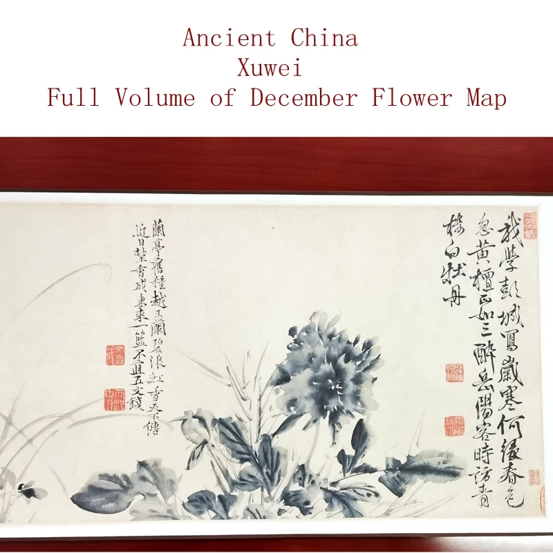 Ancient China Xuwei Full Volume of December Flower Map Museum 1:1Reproduction Hand roll mounting 28.7X562.7 cm xuan paper Silk