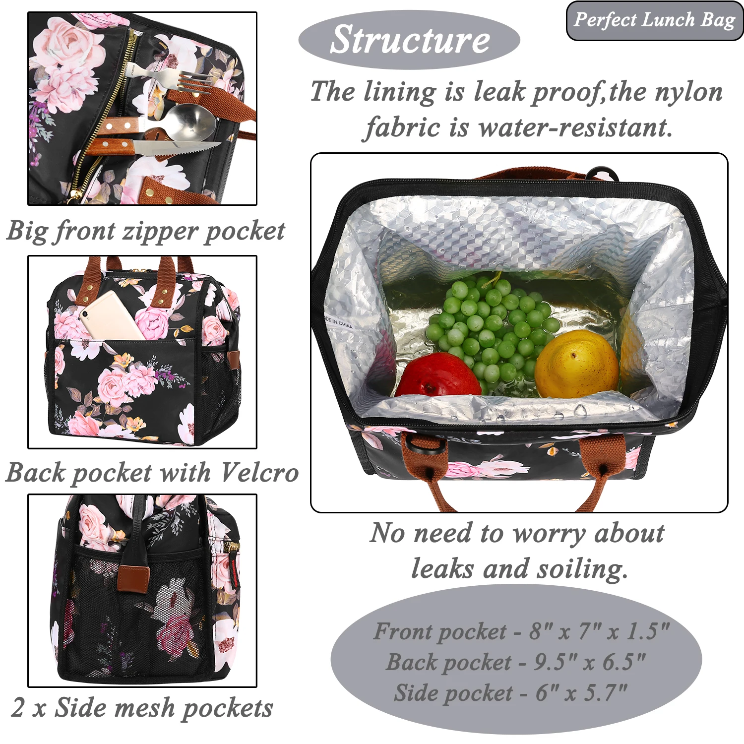 LOKASS Lunch Bag Women Insulated Lunch Box Water-resistant Lunch Tote Thermal Lunch Cooler Soft Liner Lunch Bags for Girls Lady