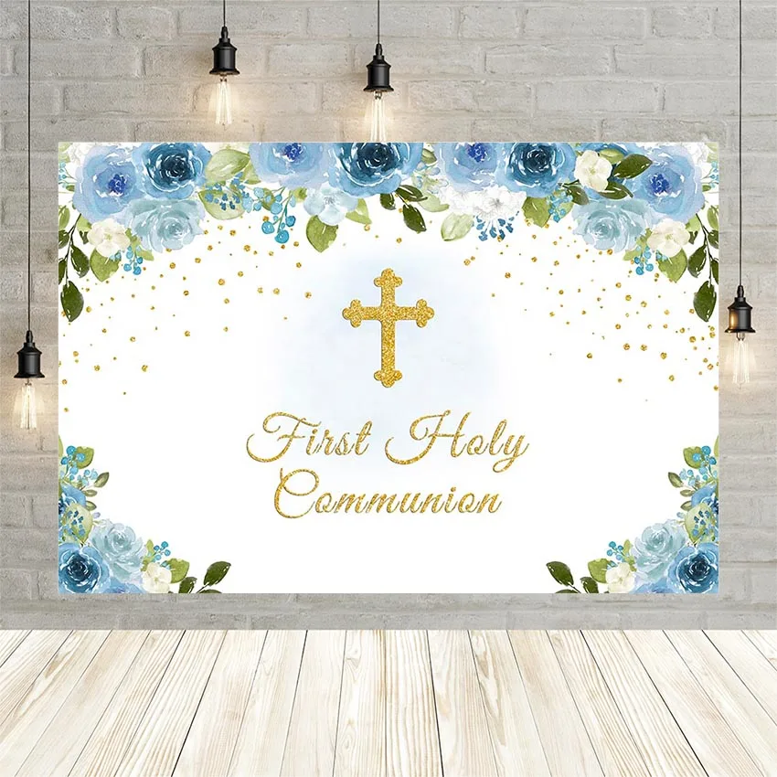 Avezano Junge Mädchen Kind Kreuz Erste Heilige Kommunion Blume Goldenen Dot Blau Rosa Decor Hintergrund Hintergrund Benutzerdefinierte Fotografie Prop