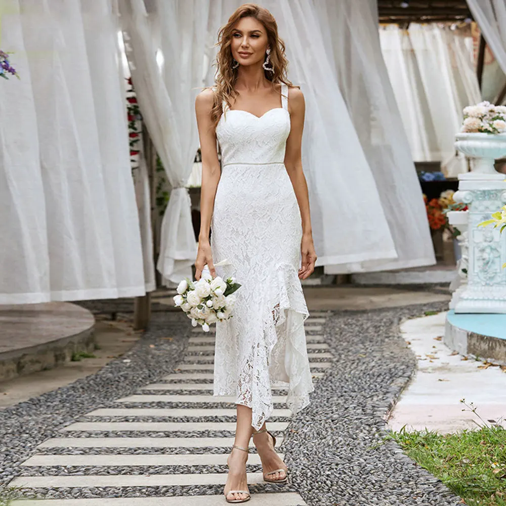 Ever Pretty – robe de mariée mi-longue en dentelle blanche, tenue de soirée élégante, coupe a-line, ourlet asymétrique, avec fente, 2021