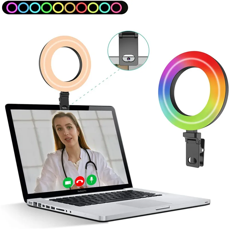 RGB LED Selfie Ring Light Video Conference Light With Clip Stand For Smartphone Tablet Laptop Webcame Fill Lamp For Selfie Video