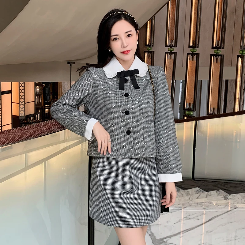 Autumn Winter Houndstooth Tweed 2 Piece Set Women Bowknot Sequined Doll Collar Short Jacket Coat + Mini Skirt Female Suits