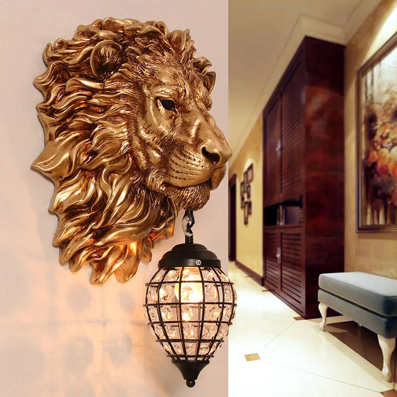 

European Retro Gold Lion Wall Lamp Vintage Crystal Wall Sconce Light Fixtures Living Room Bedroom Stair Bar Indoor Wall Lamps