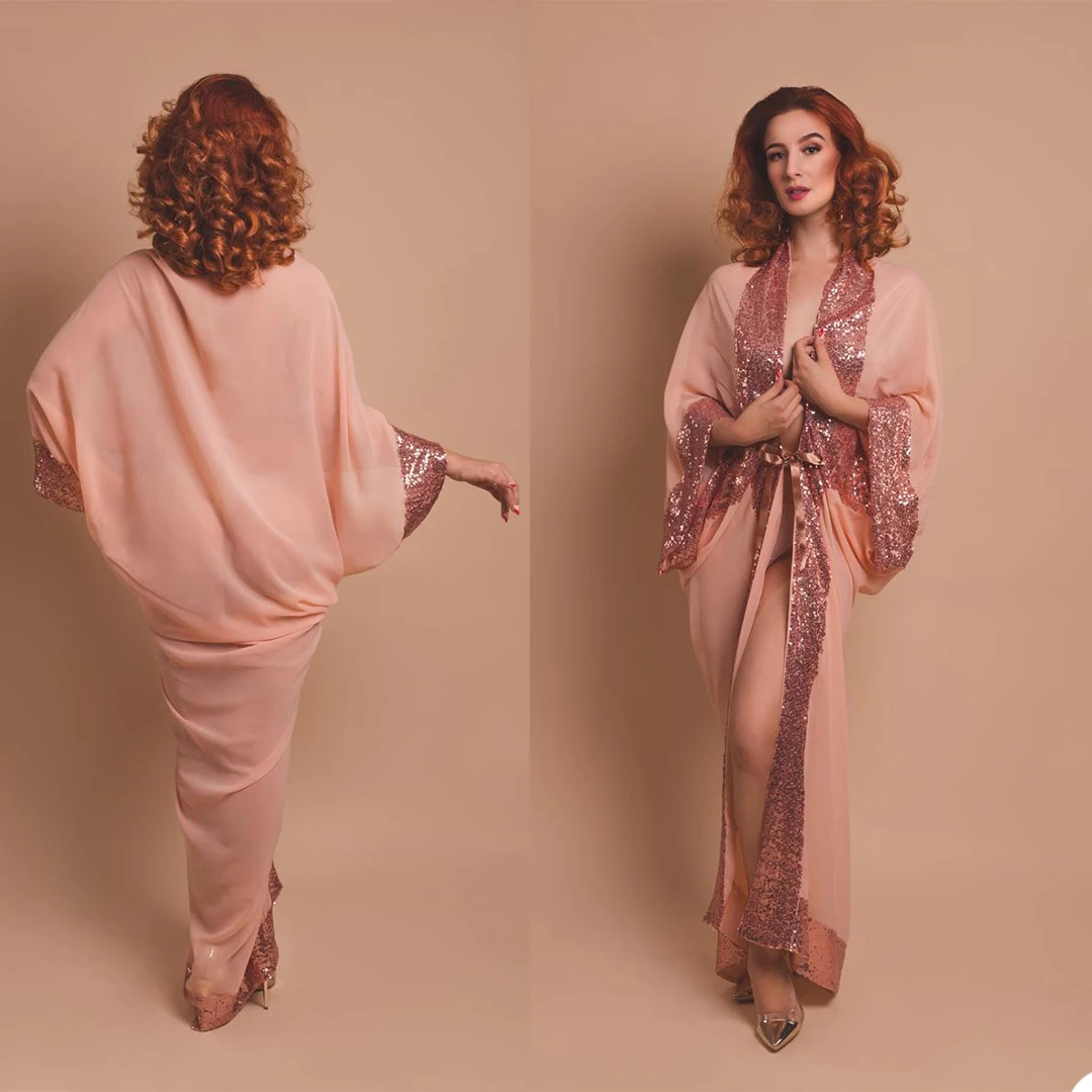 

Sequins Applique Women Sleepwear Gorgeous Custom Made Bathrobe Chiffon Simple Ankle Length Free Shipping