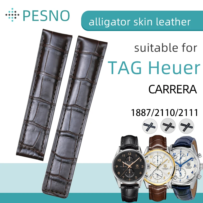 

PESNO Suitable for TAG Heuer CARRERA 1887/2110/2111 Genuine Crocodile Leather Wrist Watch Straps Men Thickness Watch Band