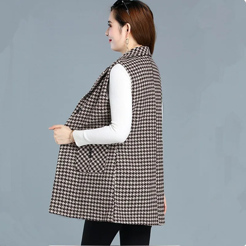 UHYTGF Sleeveless Women Jacket Single-Breasted Spring Autumn Vest Coat Fashion Plaid Casual Female 5XL Loose Size Waistcoat 1253