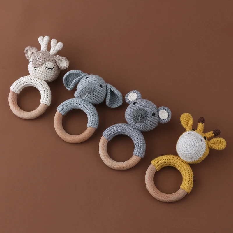 Wooden Crochet Bunny Rattle Toy BPA Free Wood Ring Baby Teether Rodent Baby Gym Mobile Rattles Newborn Educational Toys