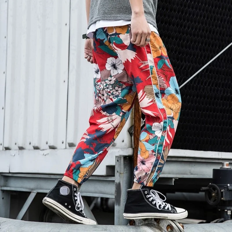 Ethnic Fashion Style Printed Flower Harem Pants Men Loose Personality Casual Sweatpants Male Harajuku Ankle Length Trousers New