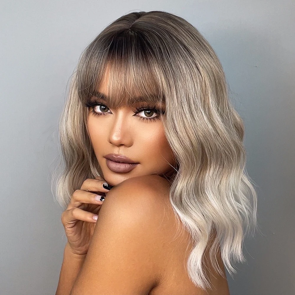 GEMMA Bob Wigs Ash Gray Platinum Synthetic Wig with Bangs for Black Women Short Wave Natural Daily Heat Resistant Cosplay Hair