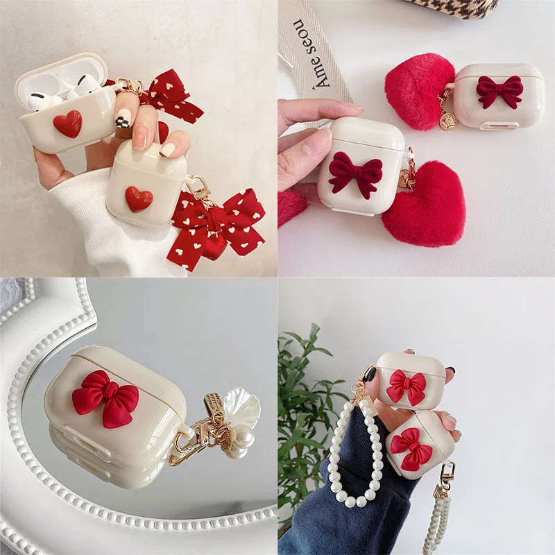 Vintage Red Love Heart Keychain For apple airpods 3 Pro 2 Case Cover Cute Bow Beige Earphone Cases For airpods 4 Headset Box