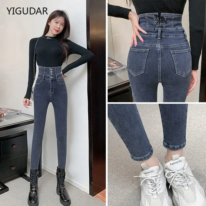 Vrouw Jeans 2021 Herfst Lente Nieuwe Leggings Casual Elastische Hoge Taille Stretch Voeten Broek Vrouwen Metalen Knoppen Dunne Potlood broek