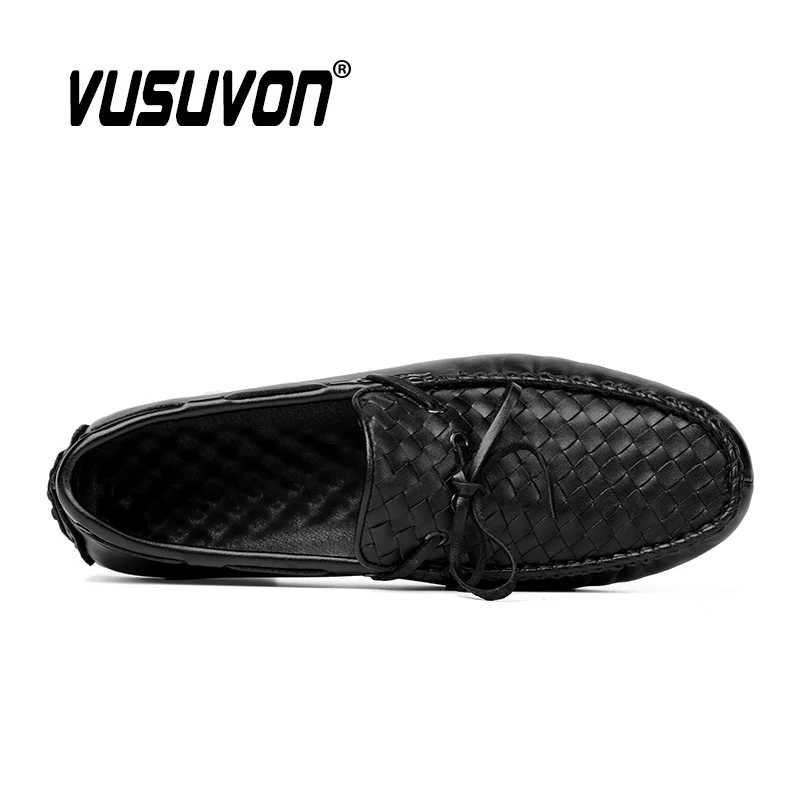 Men Loafers Shoes Genuine Cow Leather Luxury Handmade Woven Shoes Soft Male Flats Black Breathable Men's Casual Shoes