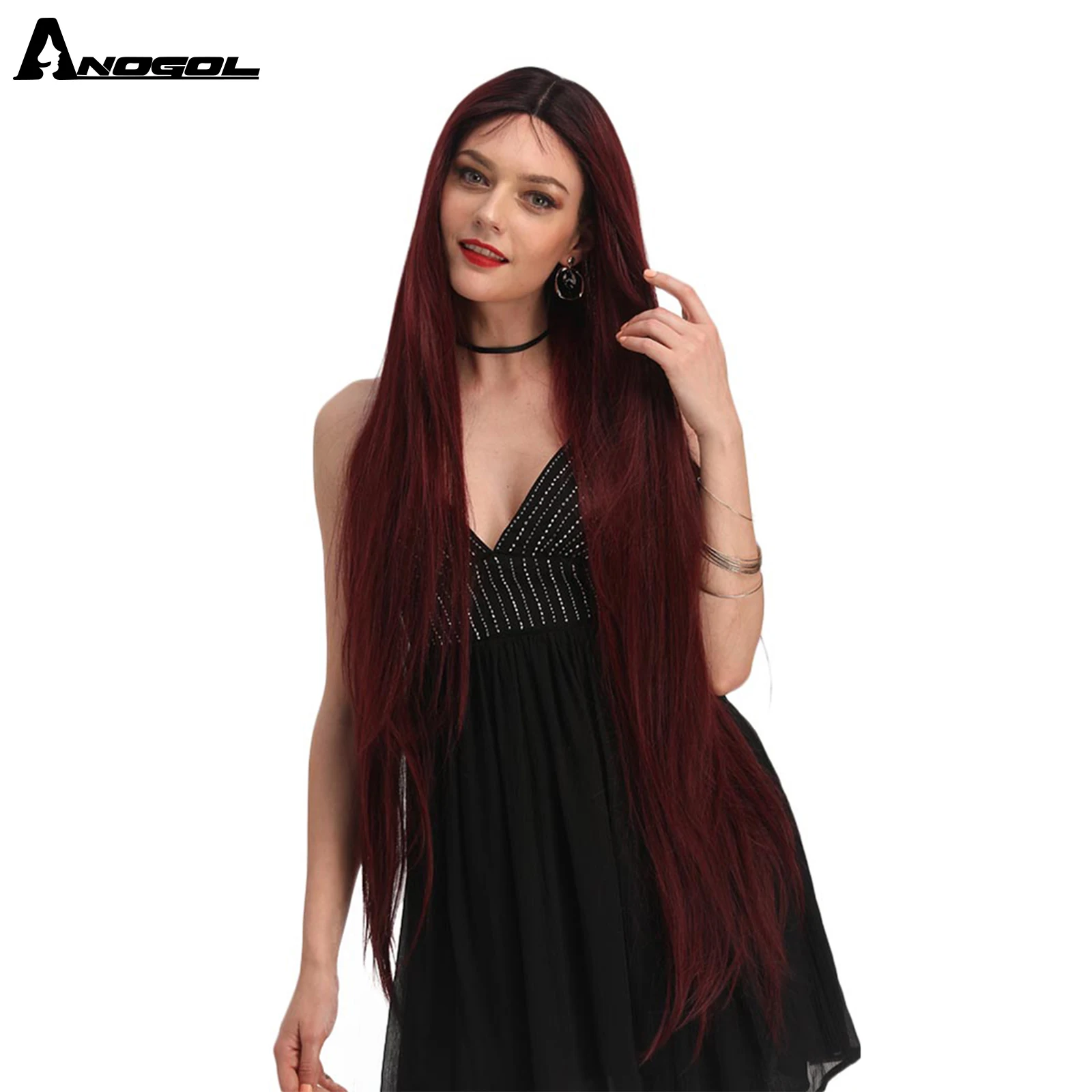 ANOGOL 40Inch Lace Front Wig Long Straight Platinum Blonde 613 Burgundy Red Heat Resistant Synthetic Hair for Balck Girl