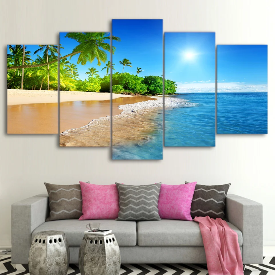 

5 Pieces Sea Water Palm Trees Sunshine Wall Art Decor Living Room Framework Seascape Paintings Modern Canvas Pictures HD Prints