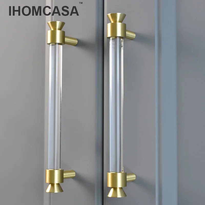 IHOMCASA Modern Brass Gold Furniture Handles Drawer Pulls Wardrobe Cupboard Handle Kitchen Cabinet Door Knobs Acrylic Crystal