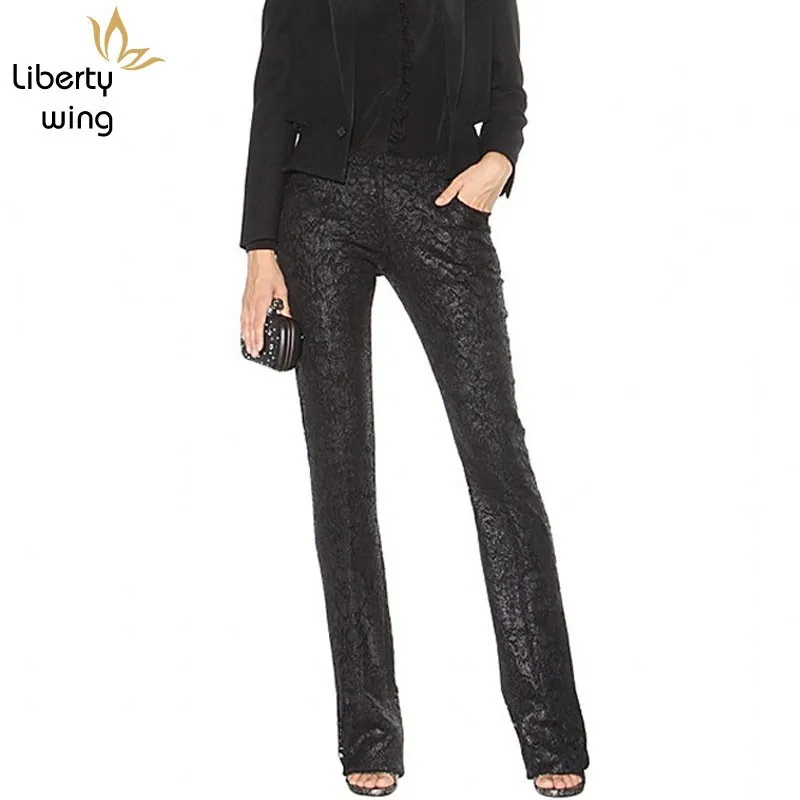 

OL Lace Women Elegant Low Waist Wrap Slim Fit Straight Leg Pants Femme European Style Stretch Long Trousers Black