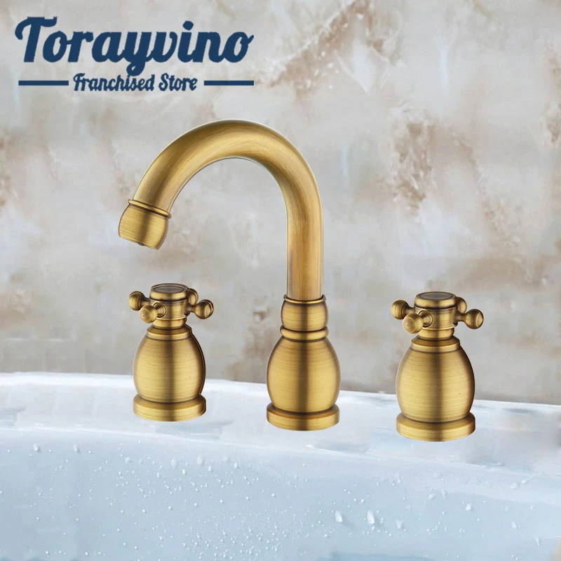 

Antique brass basin faucet bathroom deck mounted mitigeur lavabo salle de bain taps 3Pcs Set Bathtub sink hot cold Mixer Tap