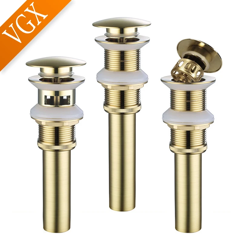 

VGX Bathroom Basin Sink Pop Up Button Round Drain Waste Stopper Strainer Hotel Drainer Accessories Brass Brushed Golden D0002