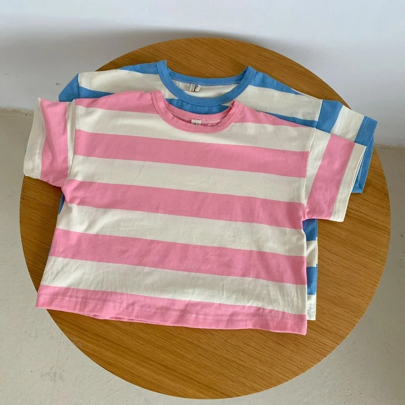 Camisetas de manga corta a rayas de estilo coreano para niños, camisetas casuales sueltas de algodón para niños y niñas, Verano