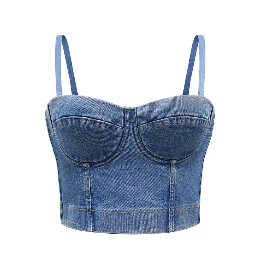 IRENE TINNIE New Arrival Blue Evening Party Tops Sleeveless Noble Summer Tops for Women 2021 Adjustable Bra Sexy Jean Crop Top