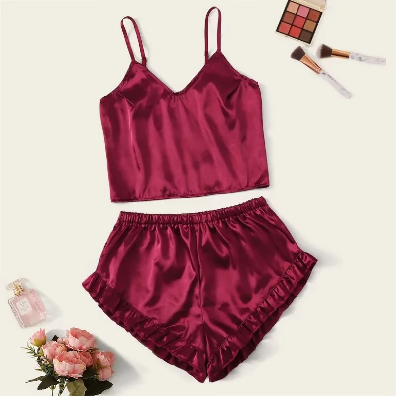 

Women Clothes Healthy Sexy pyjamas Women Sleepwear Silk Satin Nightgowns Bathrobe Female Bra Camisole ruffles Shorts Set