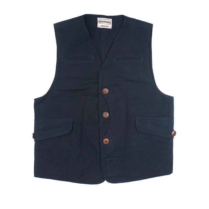 OK8405 Vintage Canvas Cargo Vest Men Streetwear Hip Hop Slim Fit Multi-Pocket Button Solid Color Simple Denim Tooling Waistcoat