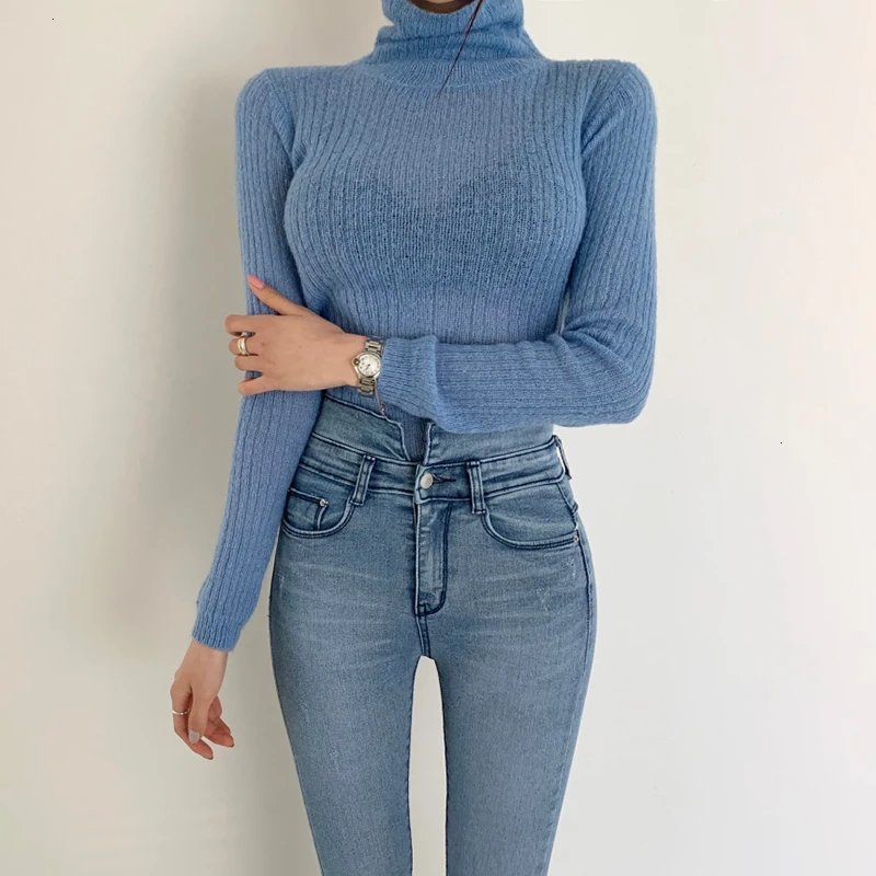 TWOTWINSTYLE White Korean Knitted Sweater For Women Turtleneck Long Sleeve Autumn Slim Pullover Female Clothing Fashion New 2024