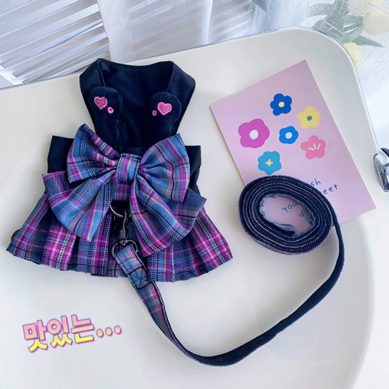 Purple Bow Dresses Dogs Collars And Harnesses With Leash XXS XL Pet Walking Outside Pet Harness Vest Lead For Chihuahua Pugs