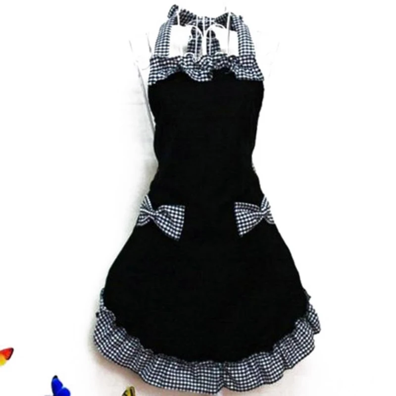 Cute Apron Retro Bowknot Plaid Ruffle Side Cooking Aprons With Pockets For Women Girls Adult Bibs Kitchen Coffee Shop Aprons