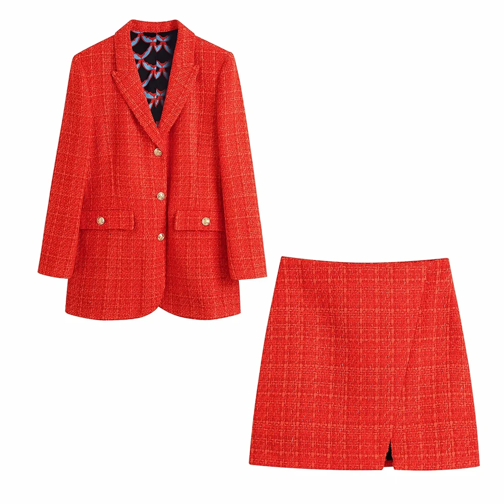 xikom 2021 Tweed Two pieces set Women red Vintage V Neck Long Sleeve Office Lady slim Blazer Coat Female Hight Waist ​skirt suit